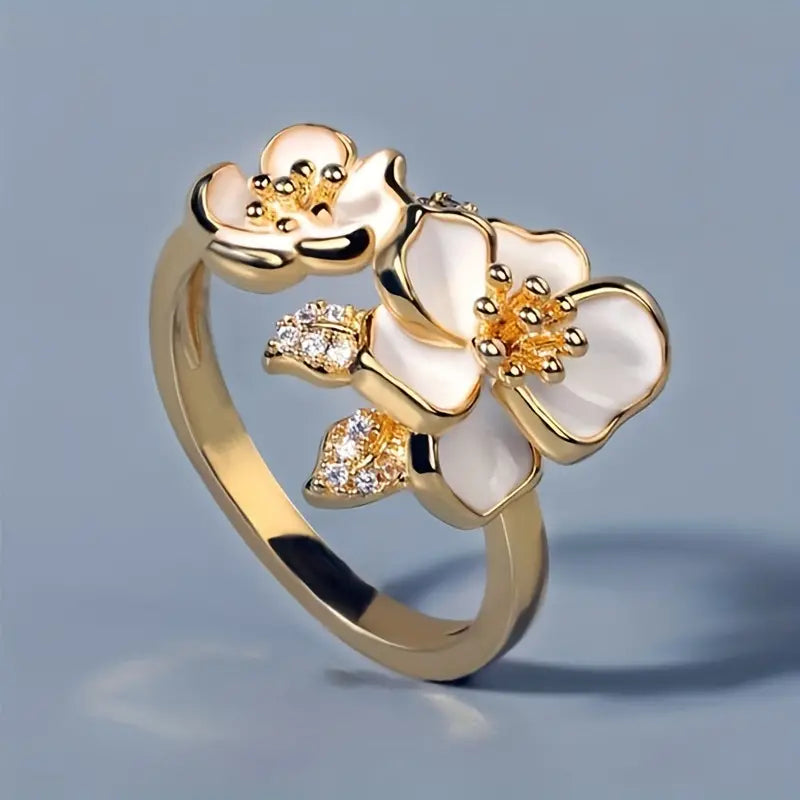 Vintage golden white enamel flower ring