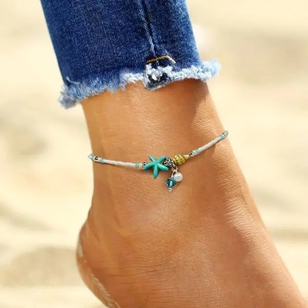 Star and Shell Anklet with Accent Beads