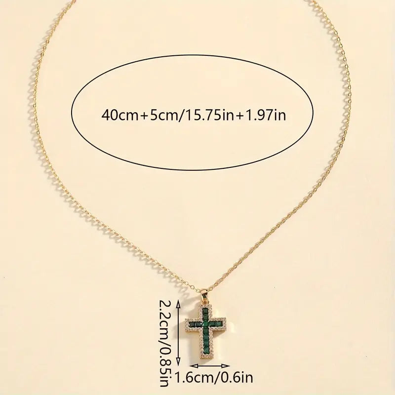 Solene Emerald Cross Pendant Necklace | Gold-tone