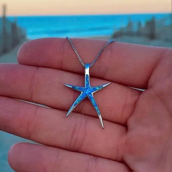 Blue Iridescent and Silver-tone starfish necklace