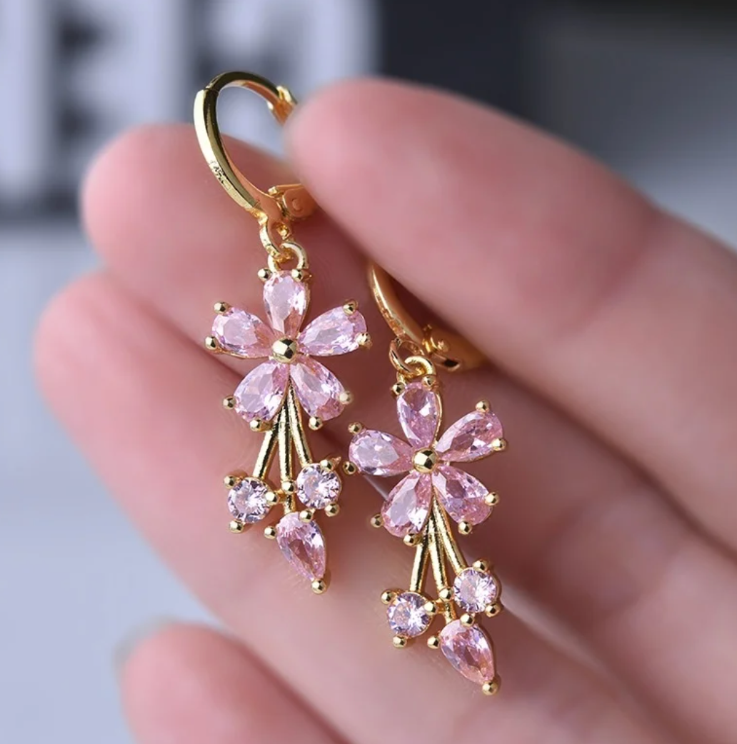 Gold-tone Pink Daisy Hoop Earrings