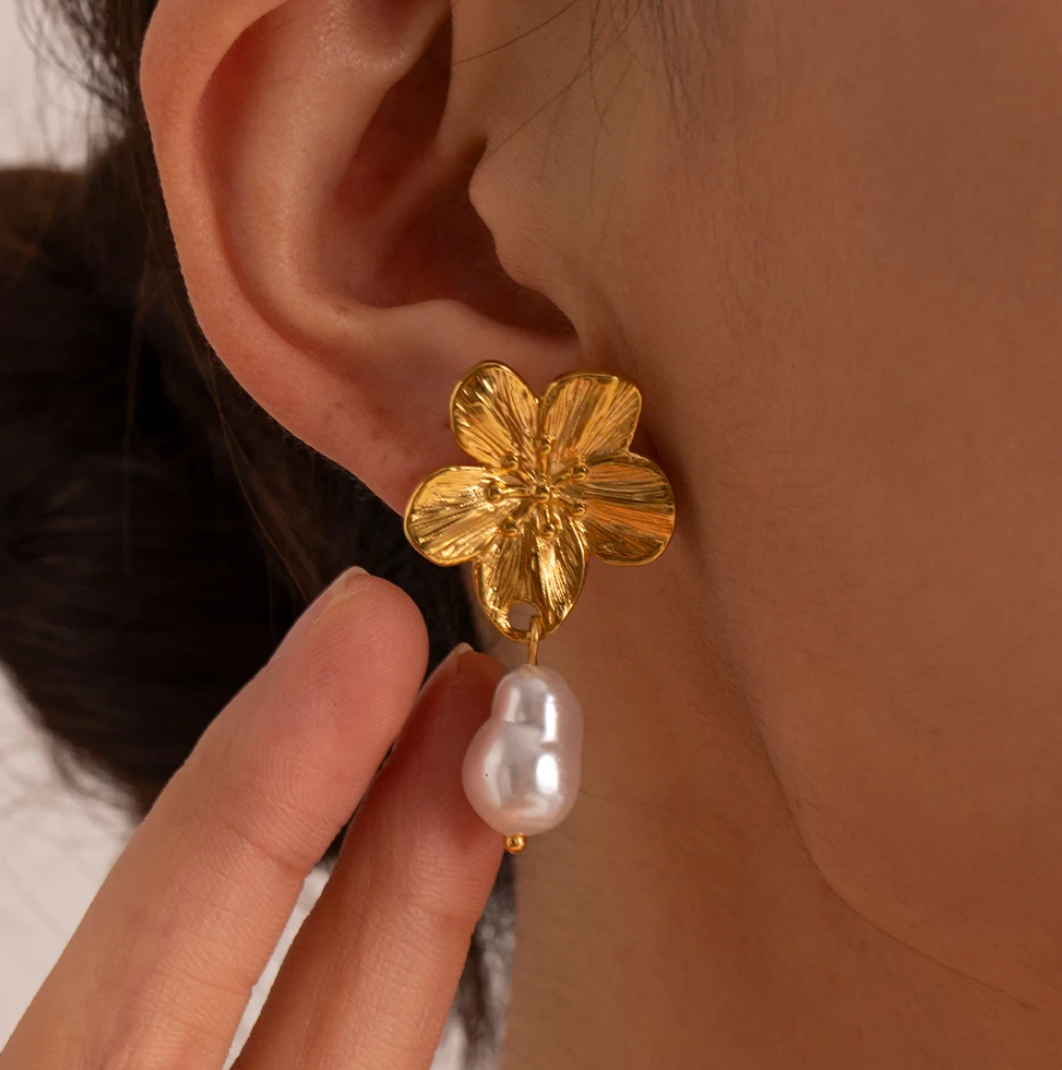 Golden Flower and Pearl Pendant Earrings
