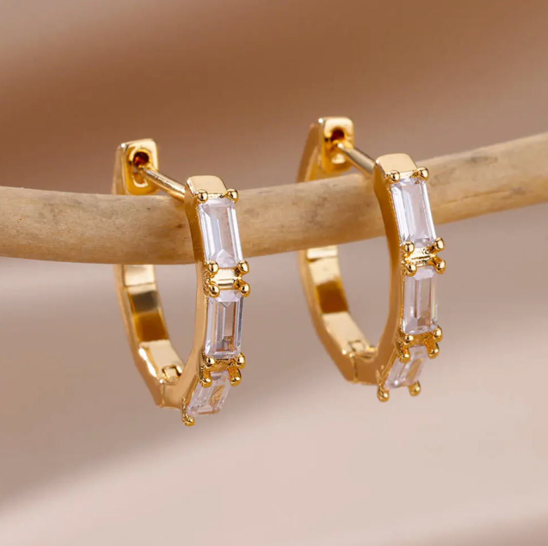 Gold-tone Fine Geometric Crystal Hoop Earrings