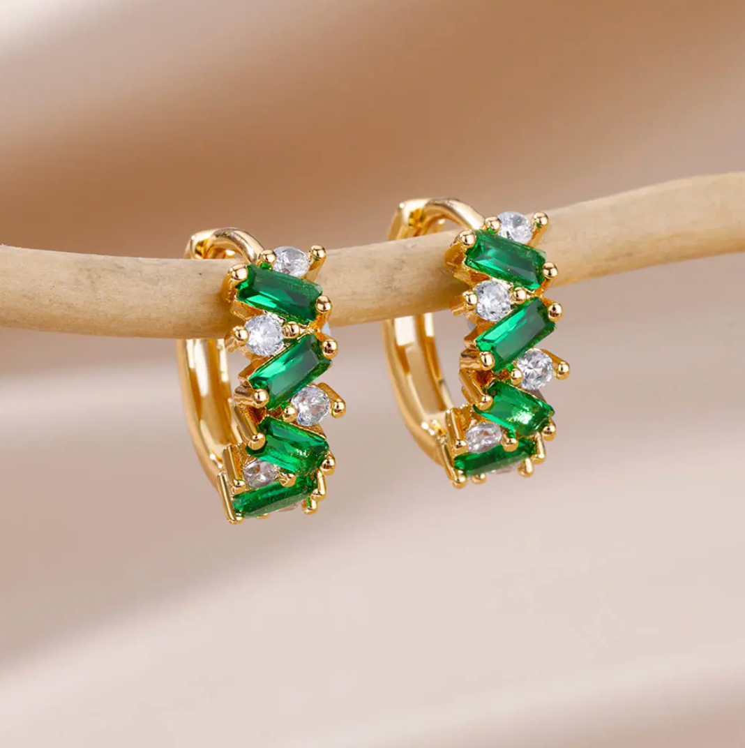 Gold-tone Green Space Crystal Hoop Earrings