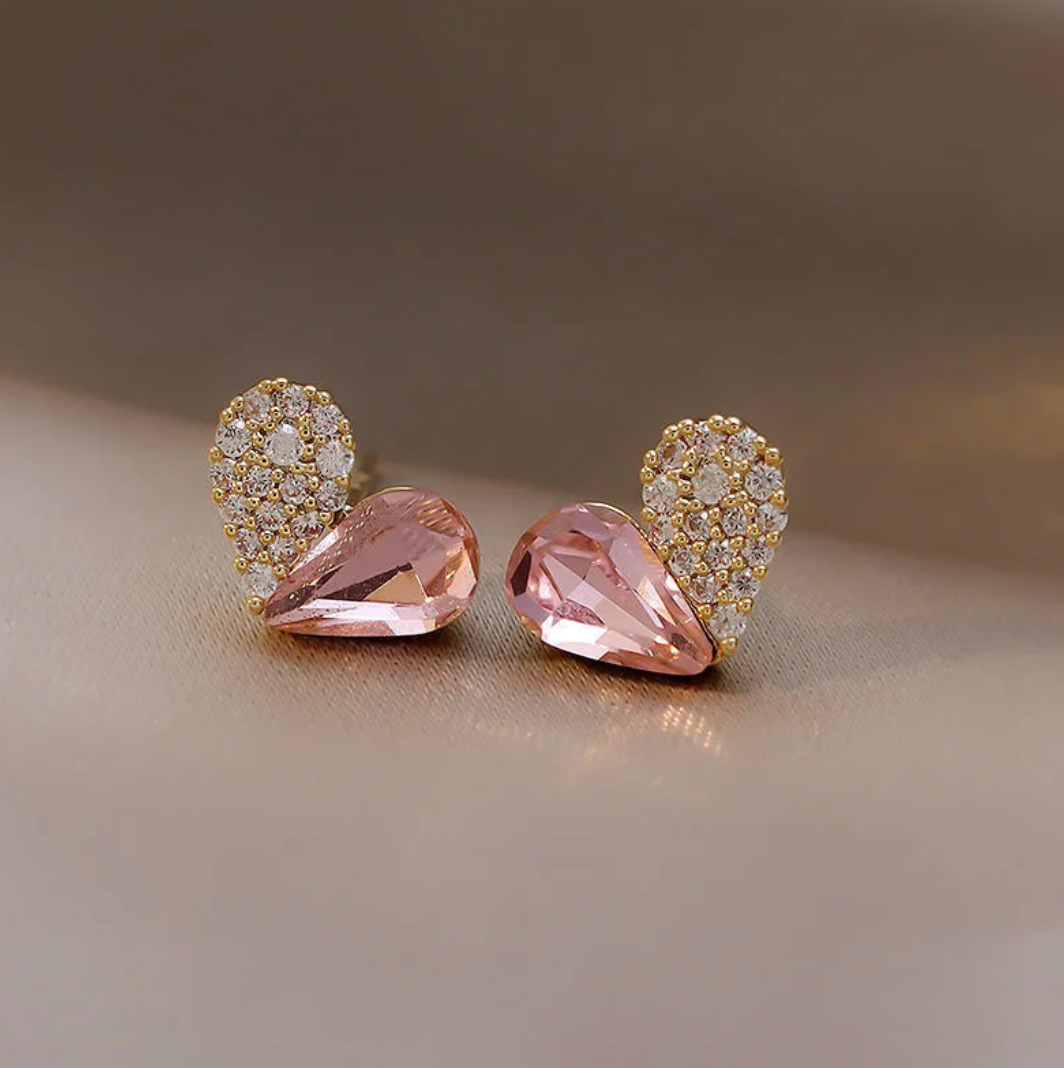 Gold-tone Heart Button Earrings - Half Pink Crystal, Half Cubic Zirconia