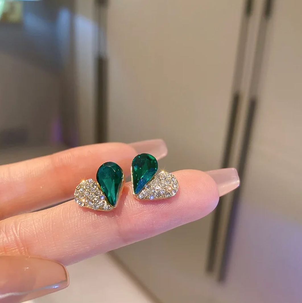 Gold-tone Heart Button Earrings - Half Green Crystal, Half Cubic Zirconia