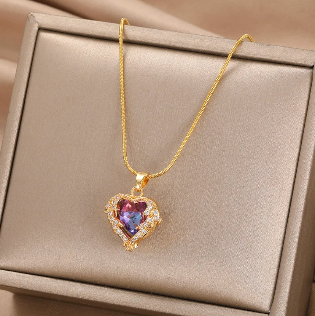 Gold-tone Violet Heart and Strass Necklace