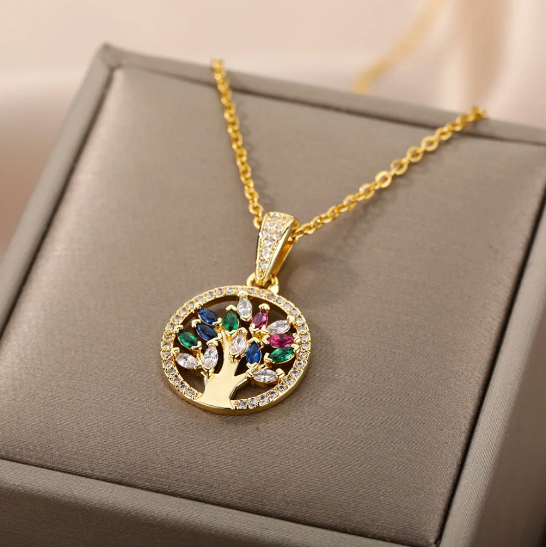 Gold-tone Tree of Life Necklace with Coloured Cubic Zirconias