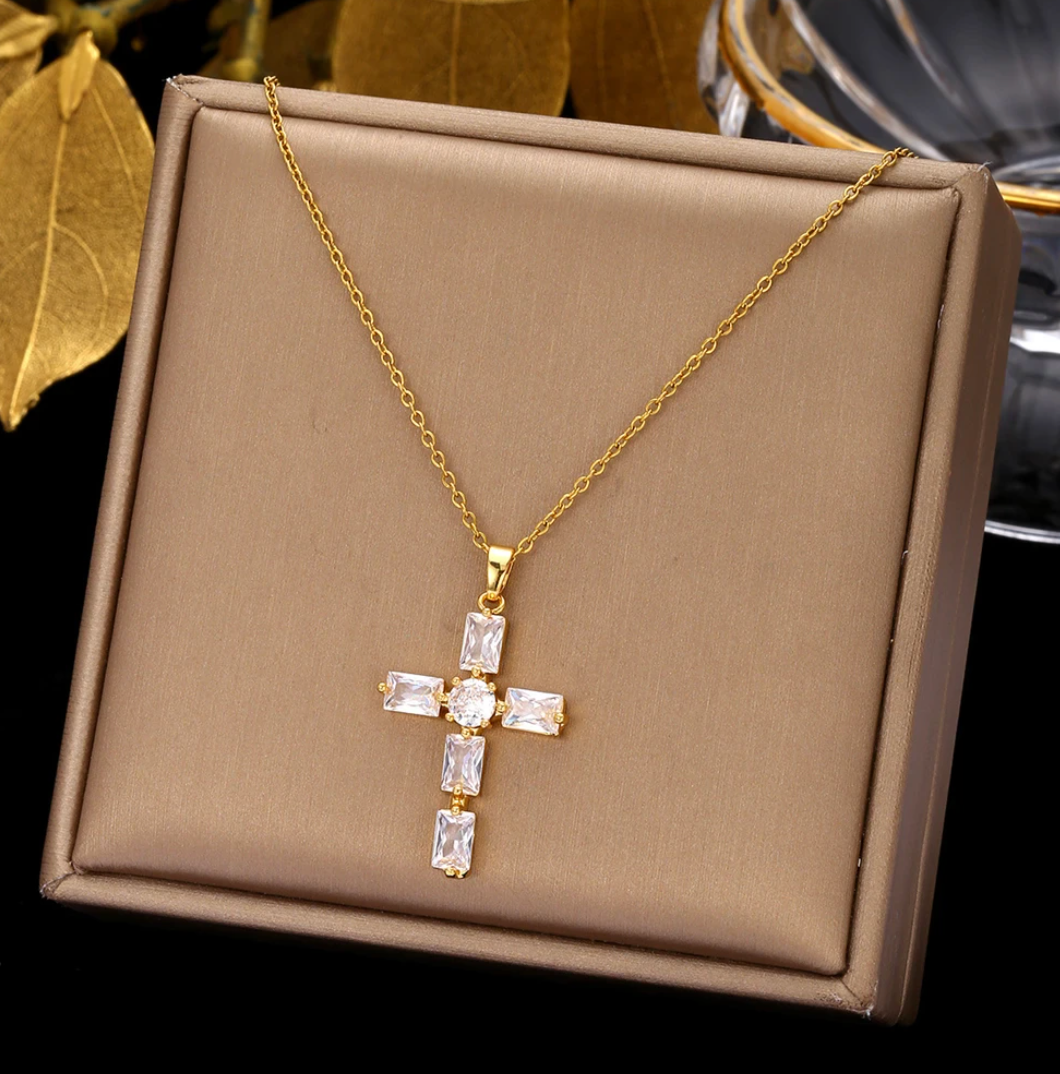 Gold-tone White Crystal Cross Necklace