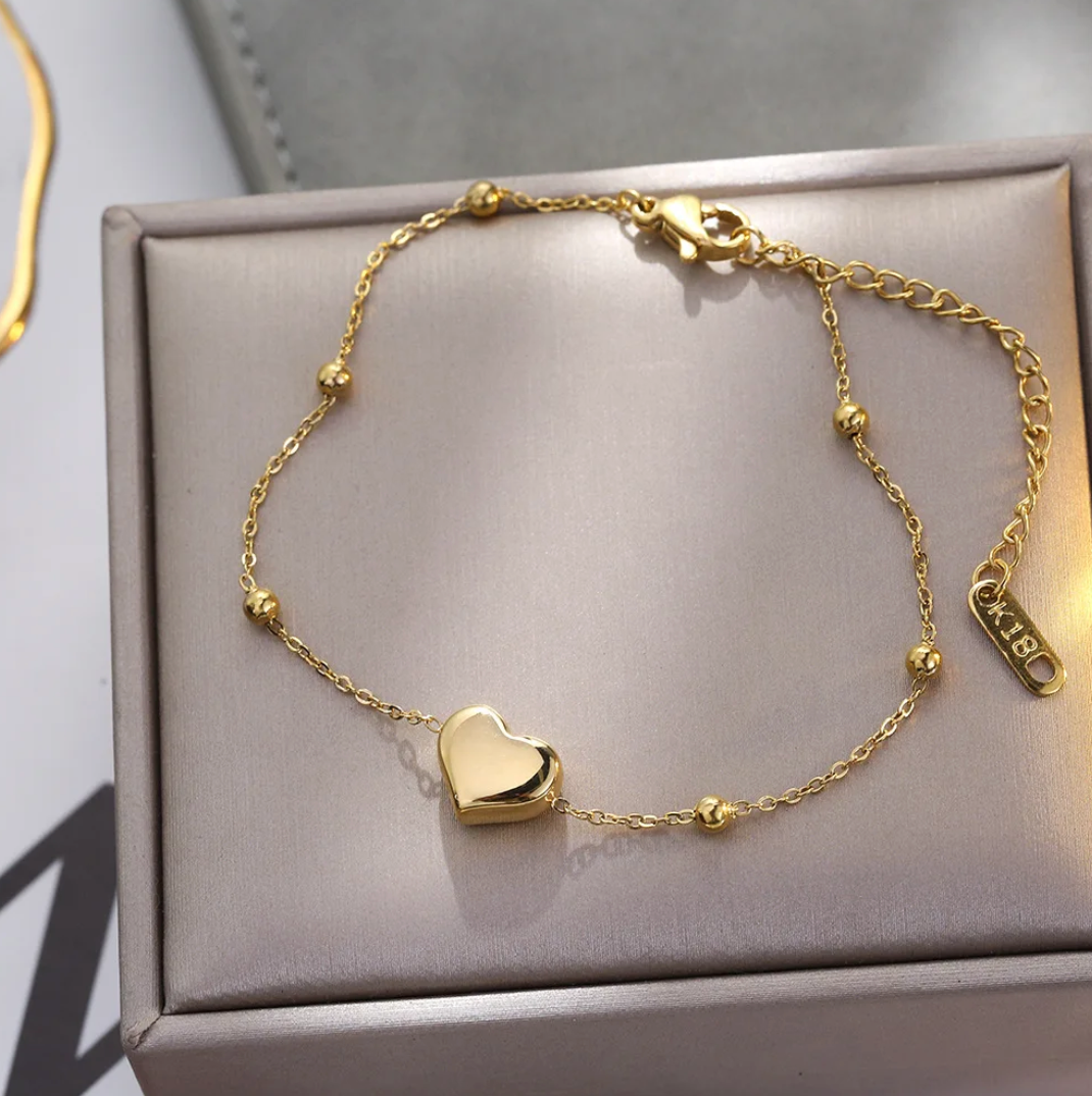 Gold-tone Solid Heart and Bead Bracelet