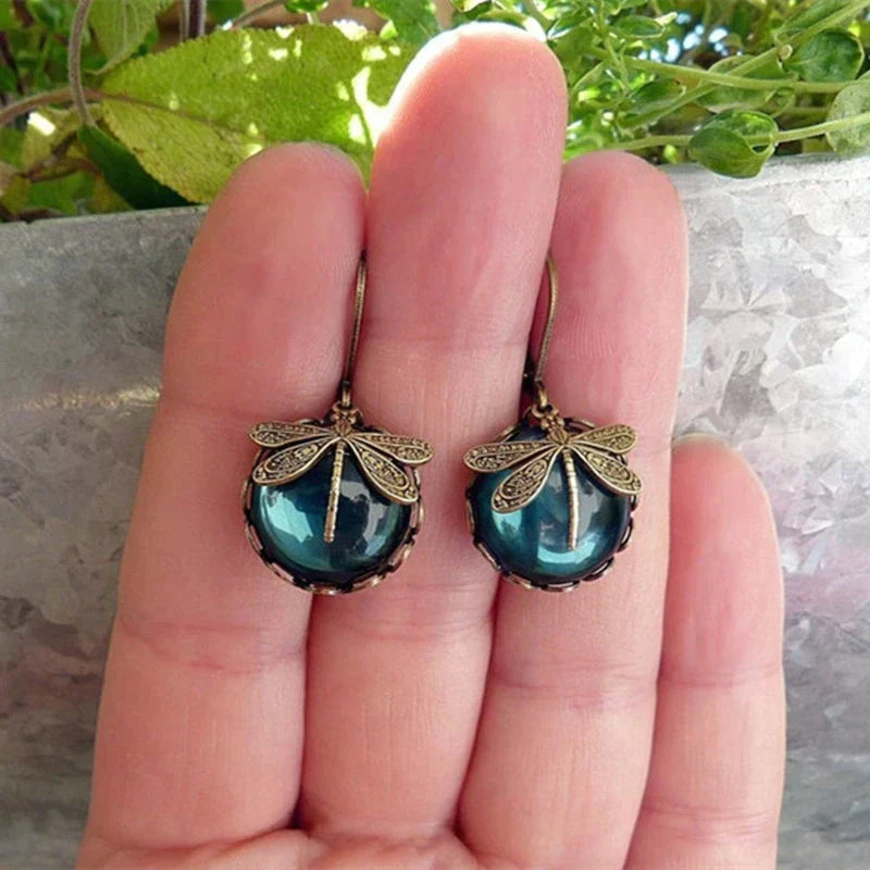 Antique Gold-tone Dragonfly Earrings with Crystal