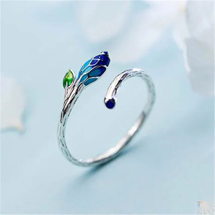 Silver-tone adjustable blue enamel leaf ring