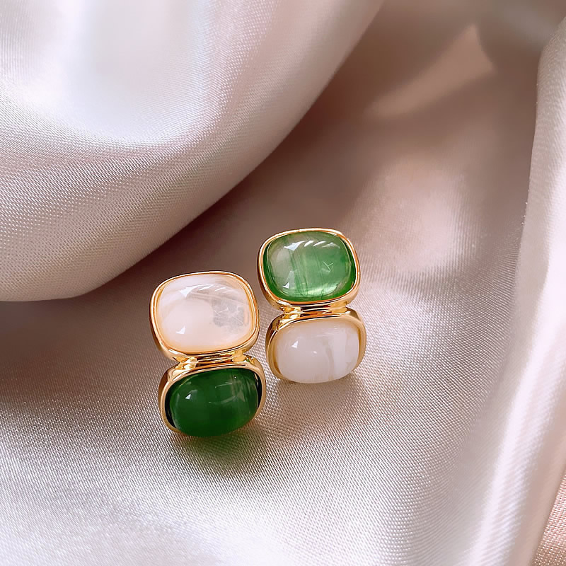 Elegant Gold-tone White and Green Stone Earrings