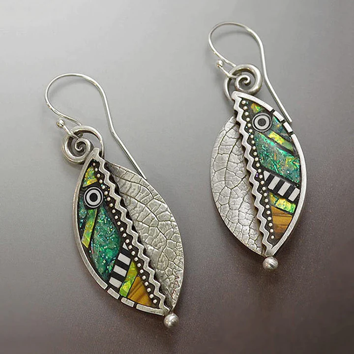 Vintage Silver-tone green crystal leaf earrings