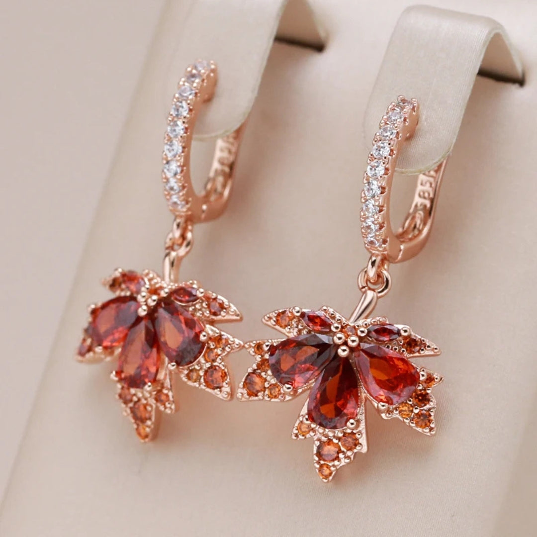 Elegant red crystal leaf earrings