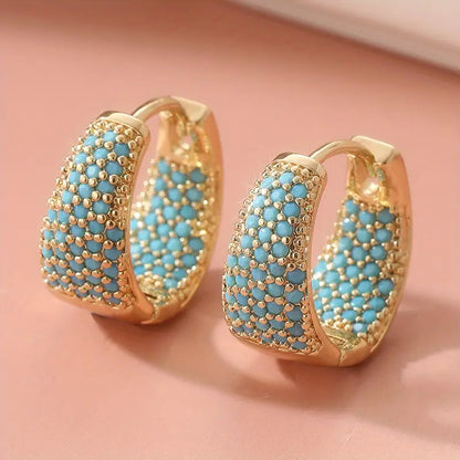 Gold-tone Blue-Green Bead Hoop Earrings | Gold-tone