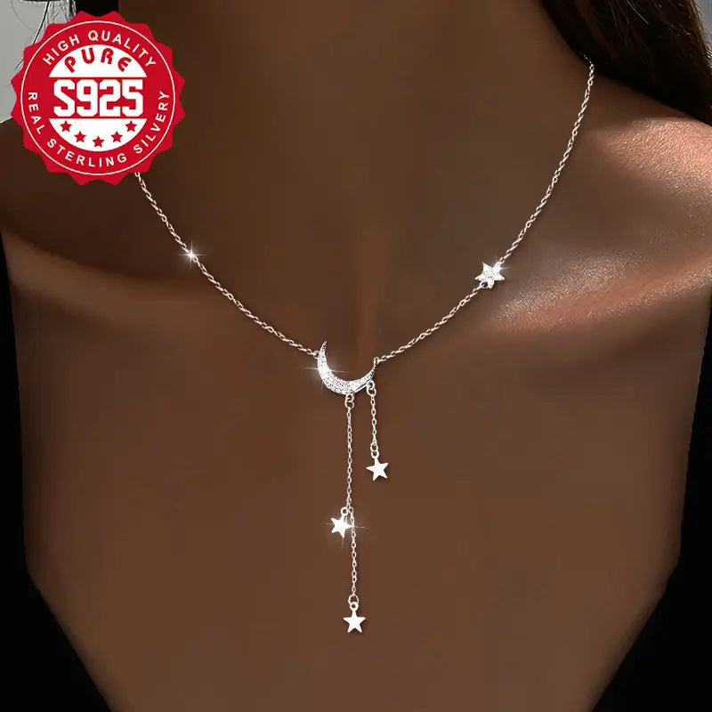 Sterling Silver color Moon Necklace with Tassels