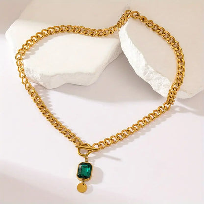Emerald Pendant Chunky Chain Necklace | Gold-tone