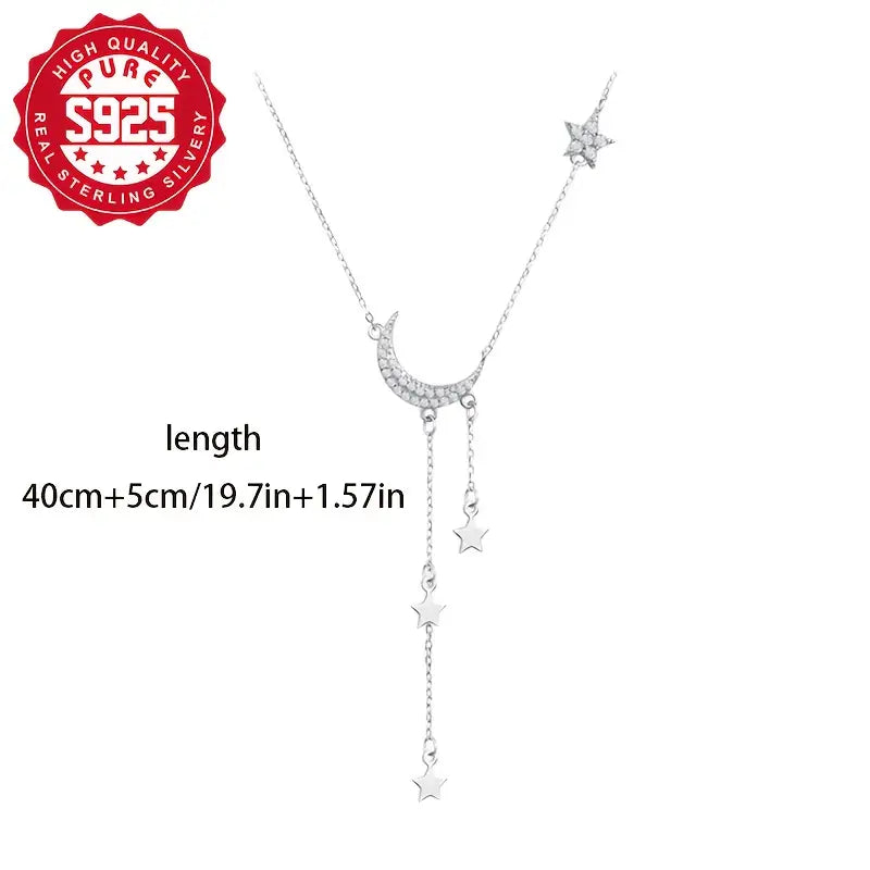 Sterling Silver color Moon Necklace with Tassels
