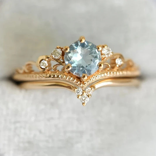 Gold-tone Blue Princess Cubic Zirconia Ring