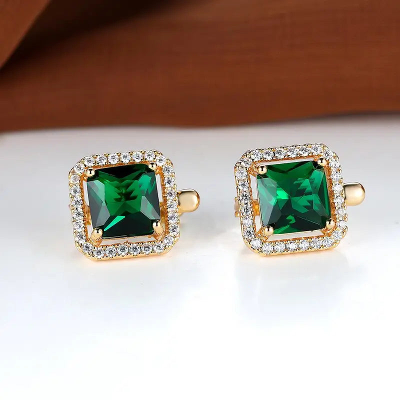 Green square golden cubic zirconia earrings | Gold-tone