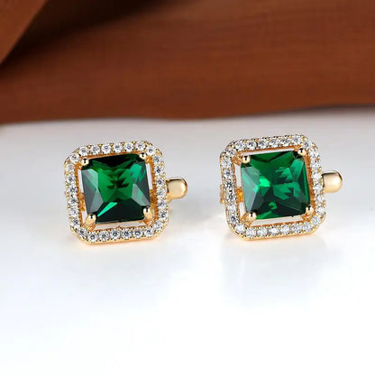 Green square golden cubic zirconia earrings | Gold-tone
