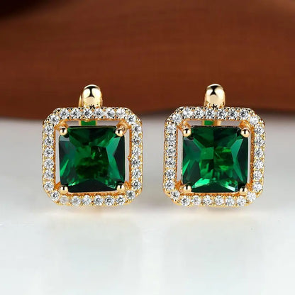 Green square golden cubic zirconia earrings | Gold-tone