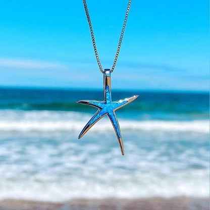 Blue Iridescent and Silver-tone Starfish Necklace