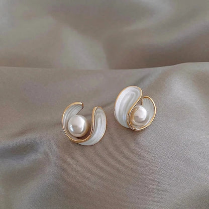 Elegant Gold-tone White Iridescent and Bead Earrings