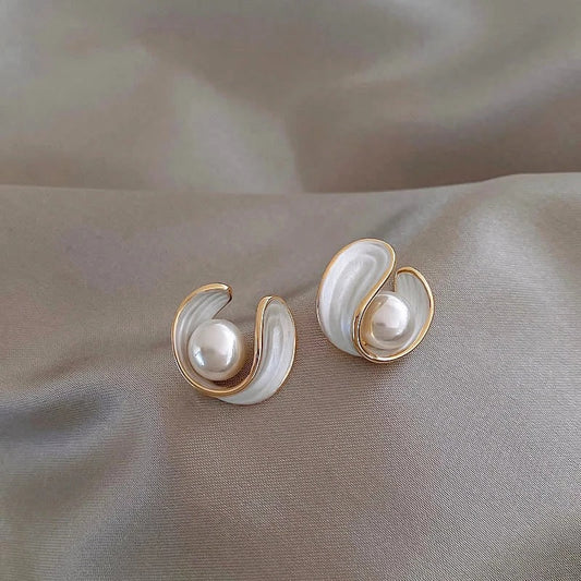 Elegant Gold-tone White Iridescent and Bead Earrings