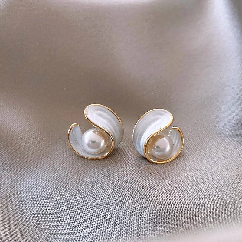 Elegant Gold-tone White Iridescent and Bead Earrings