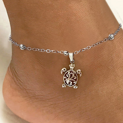 Everyday Bohemian Turtle Anklet with Round Beads