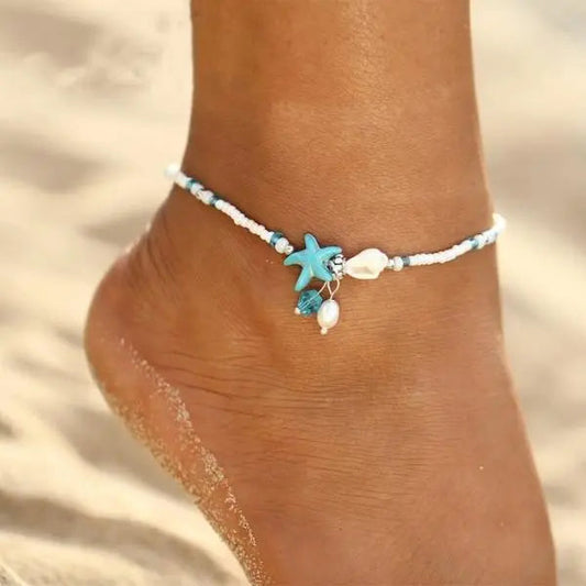 Star and Shell Anklet with Accent Beads