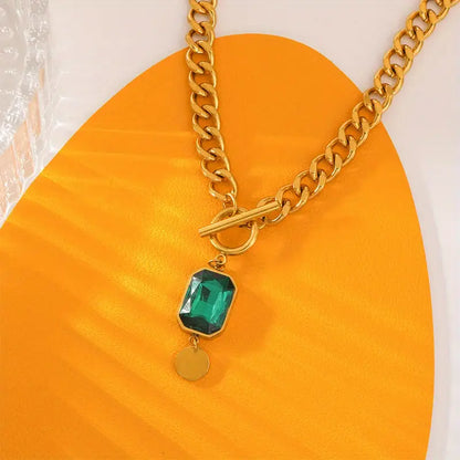 Emerald Pendant Chunky Chain Necklace | Gold-tone