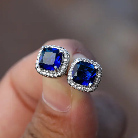 Square Blue Accent Earrings | White Gold-tone