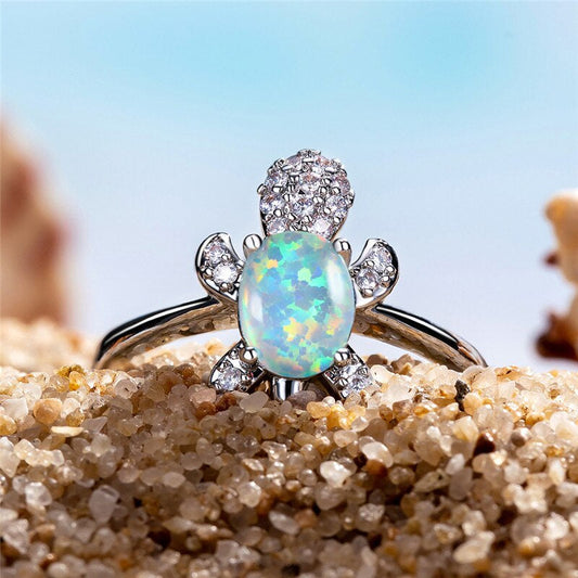 Adjustable Silver-tone Turtle-Shaped Iridescent Ring