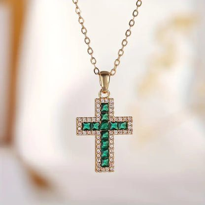 Solene Emerald Cross Pendant Necklace | Gold-tone