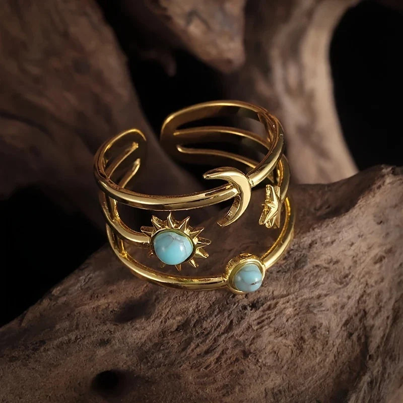 Adjustable Gold-tone Bohemian Sun Moon Ring