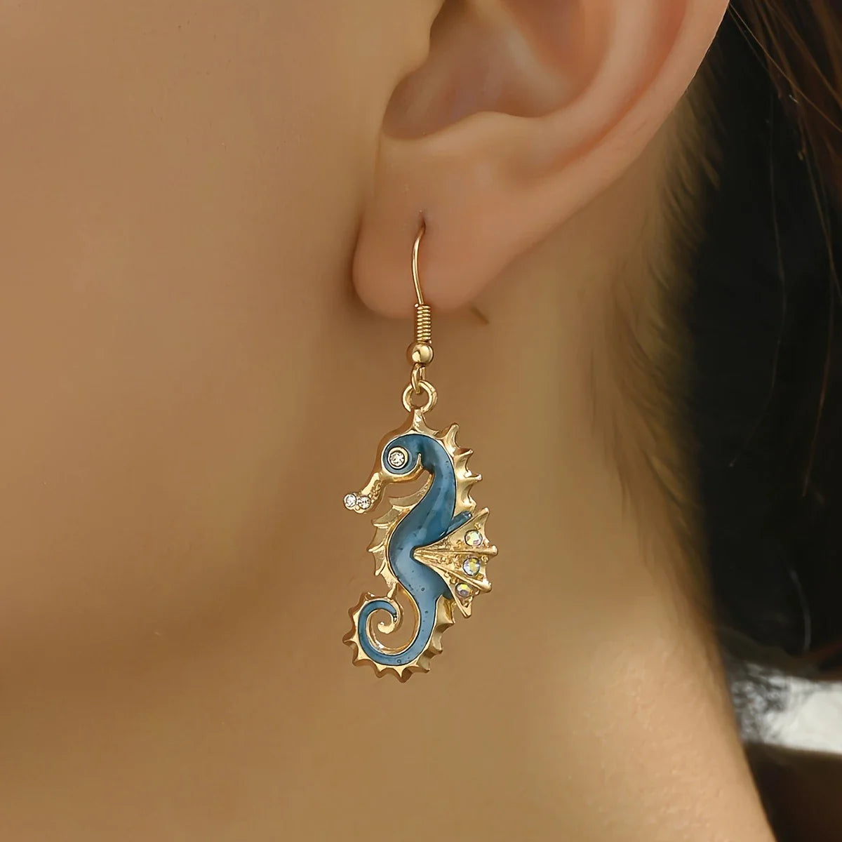Gold-tone Blue Seahorse Earrings