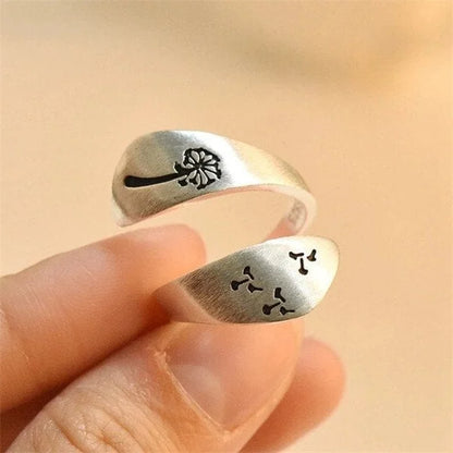 Hand-carved adjustable dandelion ring