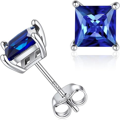 Minimalist Princess Cut Blue Accent Earrings | White Gold-tone