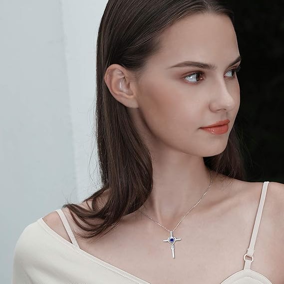 Blue Accent Heart Stone Cross Necklace | White Gold-tone