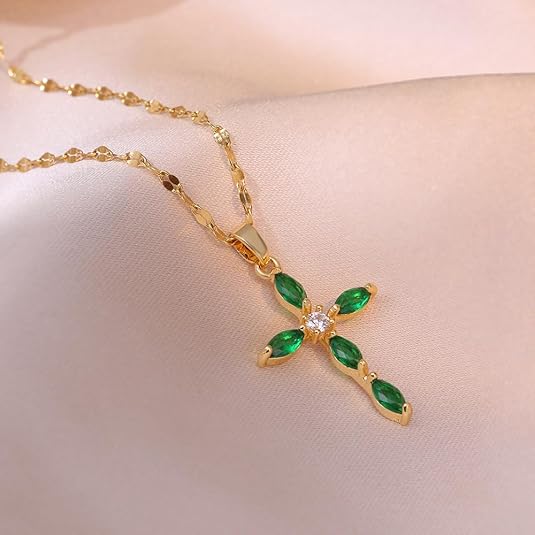 Emerald Cross Necklace | Gold-tone