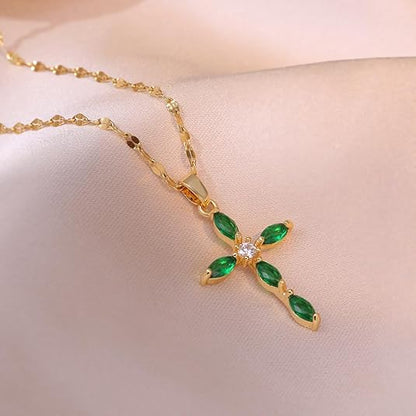 Emerald Cross Necklace | Gold-tone