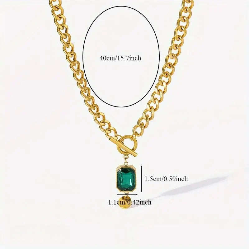 Emerald Pendant Chunky Chain Necklace | Gold-tone