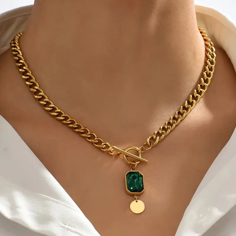 Emerald Pendant Chunky Chain Necklace | Gold-tone