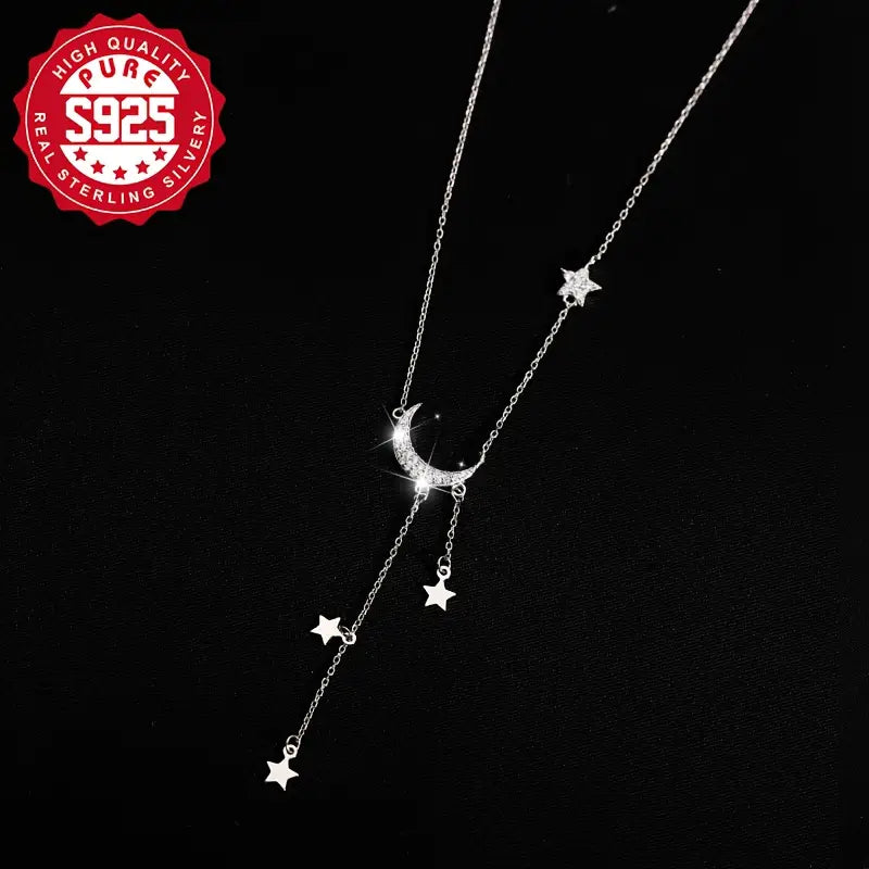 Sterling Silver color Moon Necklace with Tassels