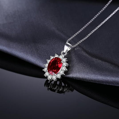 Classic Ruby Halo Necklace | White Gold-tone