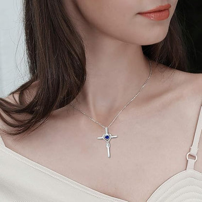 Blue Accent Heart Stone Cross Necklace | White Gold-tone