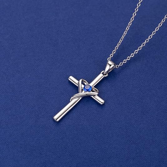 Blue Accent Cross Necklace | White Gold-tone
